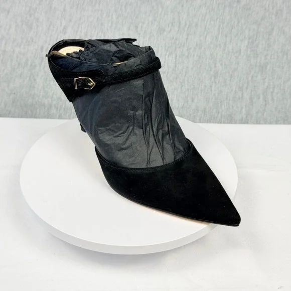 Nine West Danela Black Suede Pointed Toe Mule Heels 6.5M Gold Buckle Strap - Picture 4 of 11